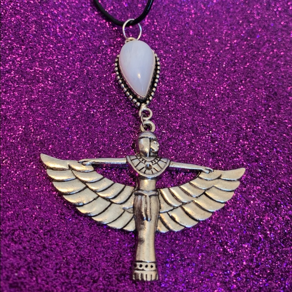 Moonstone Egyptian goddess isis necklace, gothic winged goddess jewelry gift